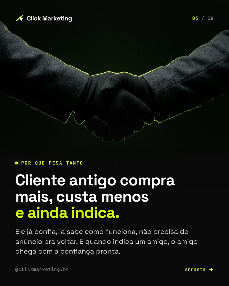 Cliente antigo compra mais, custa menos e ainda indica.